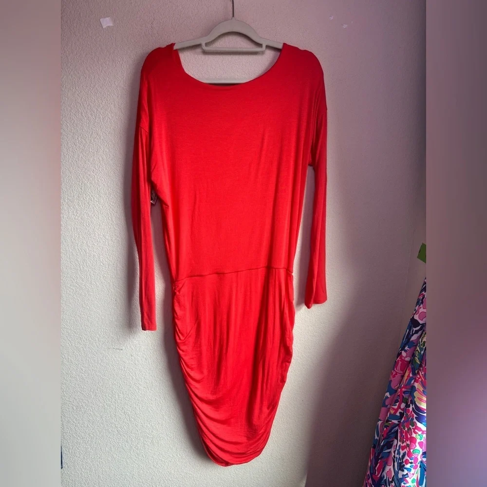 Athleta Poppy Red Coral Solstice Cowl Neck Long Sleeve Ruched Casual Dress M